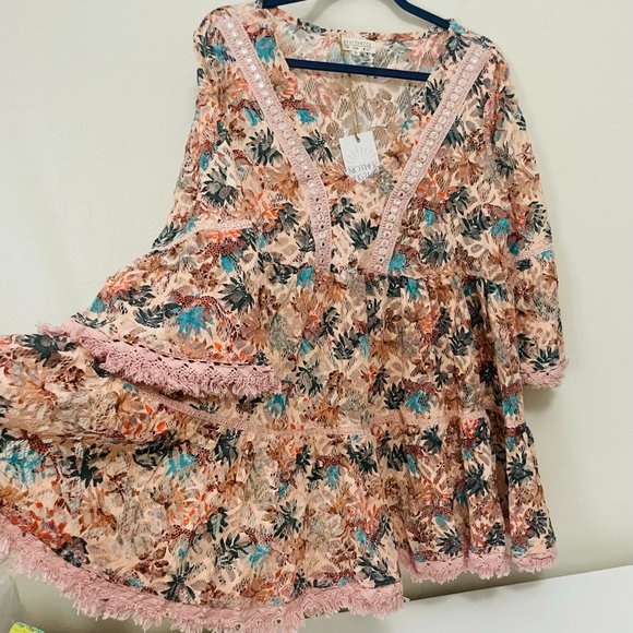 Cottage Peasant Floral Lace Summer Vacay Mini Dress - Picture 1 of 10